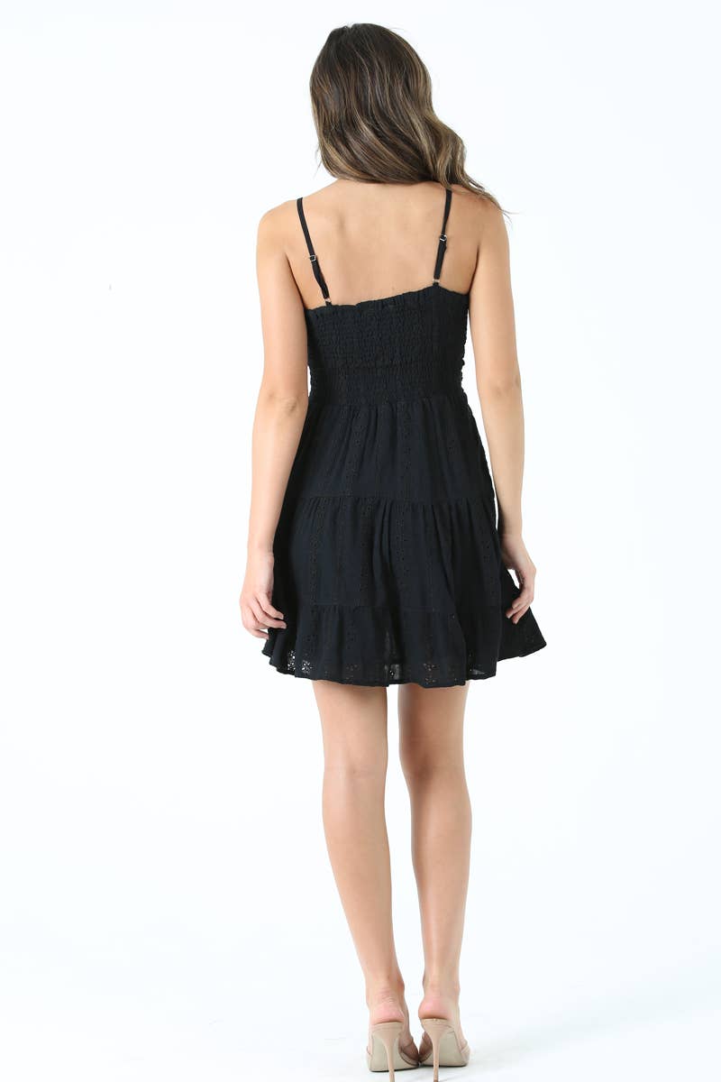 EYELET EMBROIDERED V NECK TWIST FRONT DRESS: White