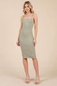 STRIPED CAMI MIDI DOUBLE LAYERED DRESS: FADE OLIVE/SOFT WHITE