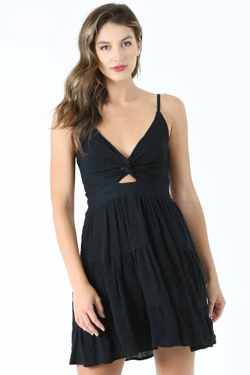 EYELET EMBROIDERED V NECK TWIST FRONT DRESS: Black