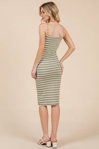 STRIPED CAMI MIDI DOUBLE LAYERED DRESS: FADE OLIVE/SOFT WHITE