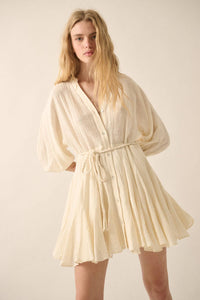 Bubble-Sleeve Pleated Mini Dress