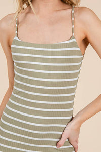 STRIPED CAMI MIDI DOUBLE LAYERED DRESS: FADE OLIVE/SOFT WHITE
