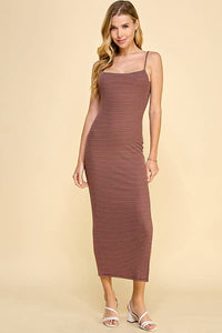 DOUBLE LAYERED CAMI STRIPE MAXI DRESS: H.GREY/ SOFT WHITE