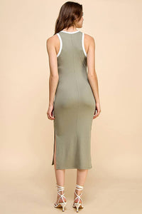HIGH NECK TANK MIDI RIB DRESS: LIGHT HEATHER CHARCOAL/SOFT WHITE