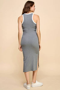 HIGH NECK TANK MIDI RIB DRESS: LIGHT HEATHER CHARCOAL/SOFT WHITE
