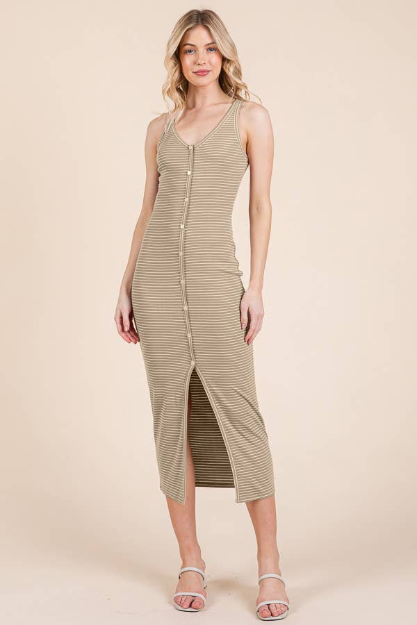 V NECK NON FUCTIONAL BUTTON MIDI DRESS: BLACK / SOFT WHITE