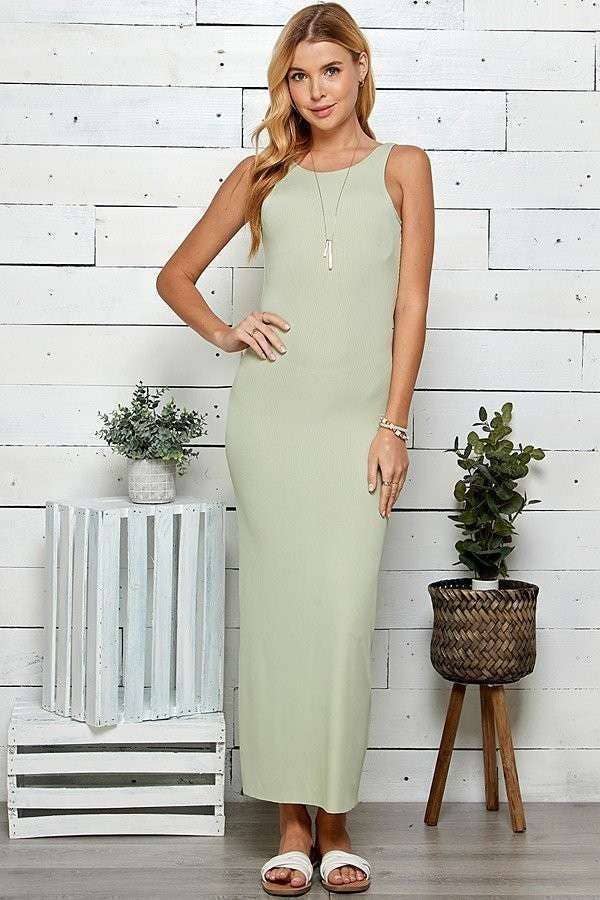 Back Scoop Rib Maxi Dress: Smoke Green