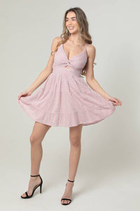 EYELET EMBROIDERED V NECK TWIST FRONT DRESS: PINK FROST