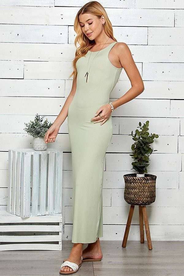 Back Scoop Rib Maxi Dress: Smoke Green