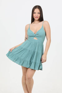 EYELET EMBROIDERED V NECK TWIST FRONT DRESS: TEAL