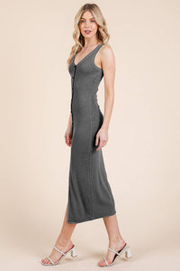 V NECK NON FUCTIONAL BUTTON MIDI DRESS: MILK TEA