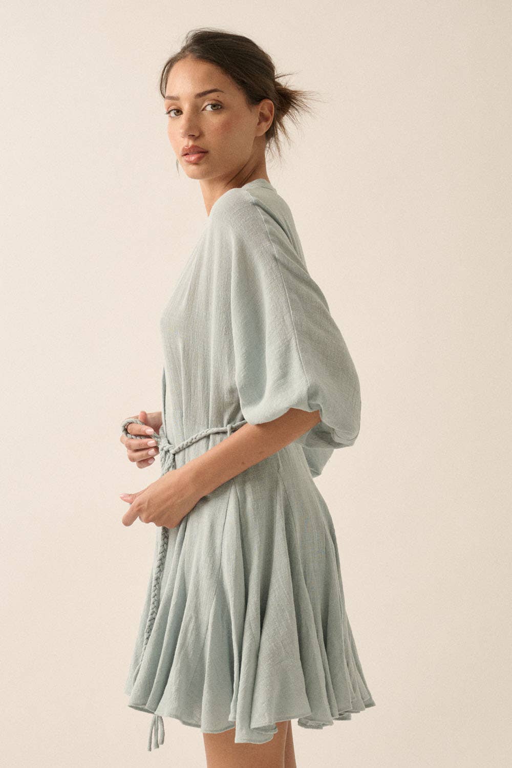 Bubble-Sleeve Pleated Mini Dress