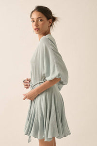 Bubble-Sleeve Pleated Mini Dress