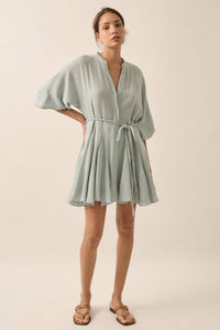 Bubble-Sleeve Pleated Mini Dress