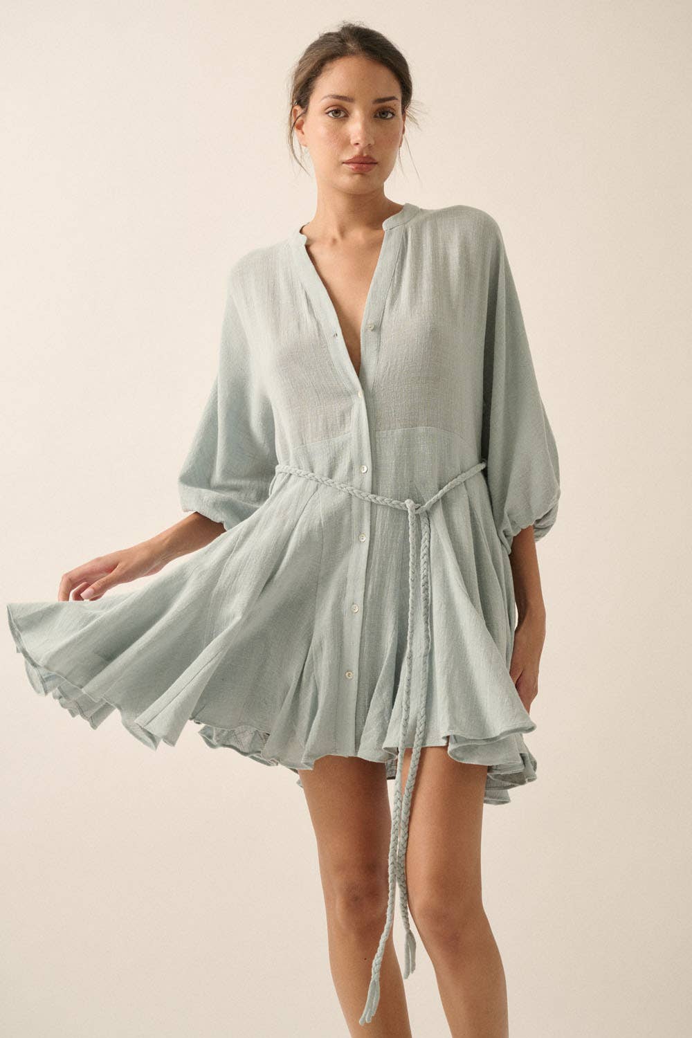 Bubble-Sleeve Pleated Mini Dress
