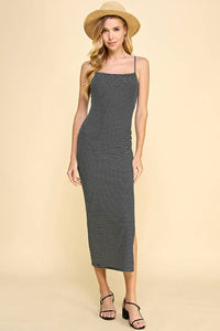 DOUBLE LAYERED CAMI STRIPE MAXI DRESS: H.GREY/ SOFT WHITE