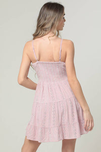 EYELET EMBROIDERED V NECK TWIST FRONT DRESS: TEAL