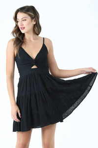 EYELET EMBROIDERED V NECK TWIST FRONT DRESS: White