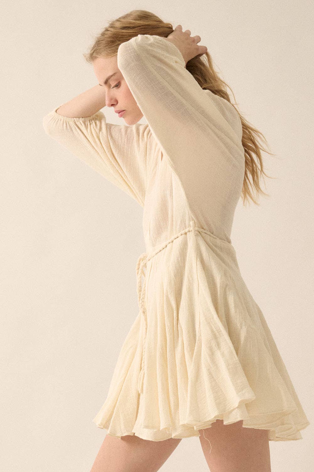 Bubble-Sleeve Pleated Mini Dress