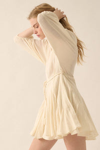 Bubble-Sleeve Pleated Mini Dress