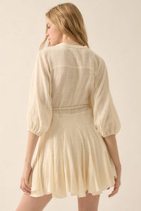 Bubble-Sleeve Pleated Mini Dress