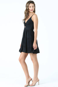 EYELET EMBROIDERED V NECK TWIST FRONT DRESS: TEAL