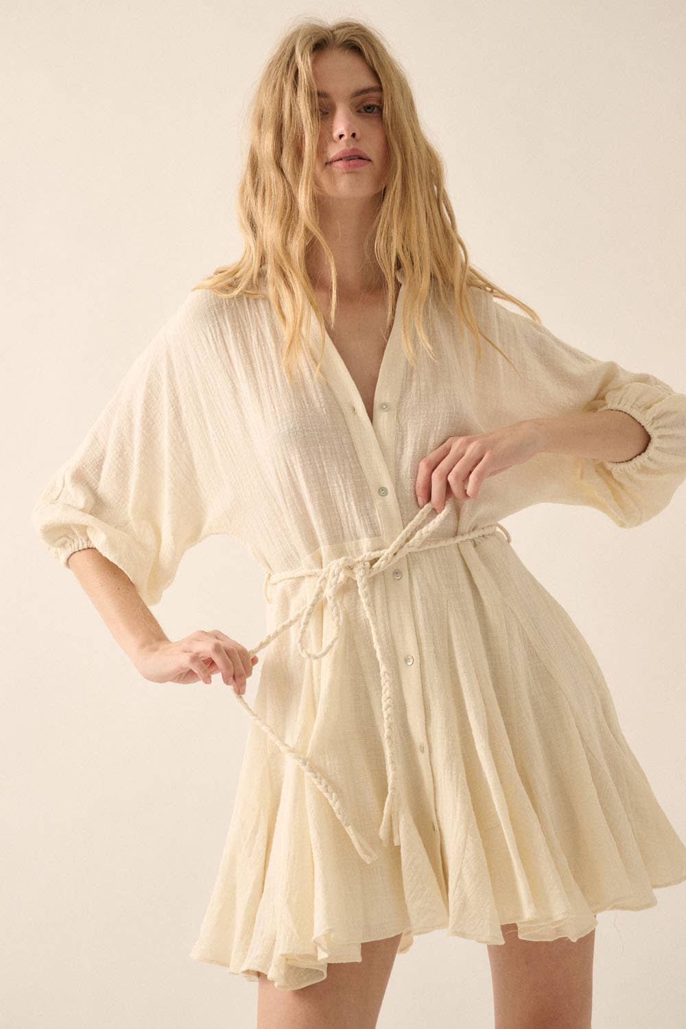 Bubble-Sleeve Pleated Mini Dress