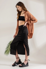 Rouched Floral Side Slit Midi Skirt Black