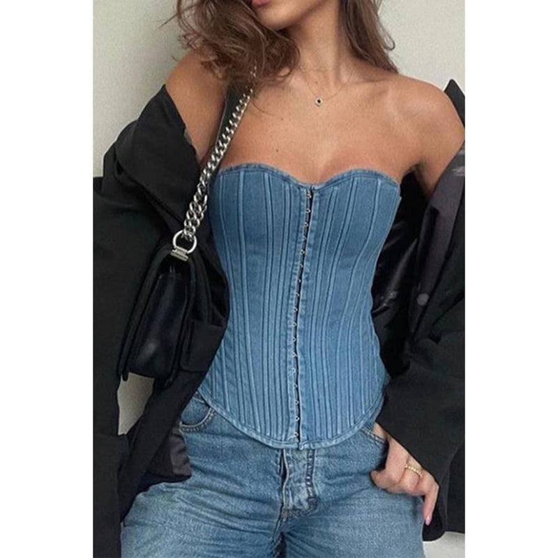 Slim Fit Lace up Solid Color Denim Tube Top