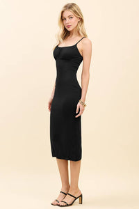 RUCHED EMPIRE CHEST MIDI CAMI DRESS: BLACK