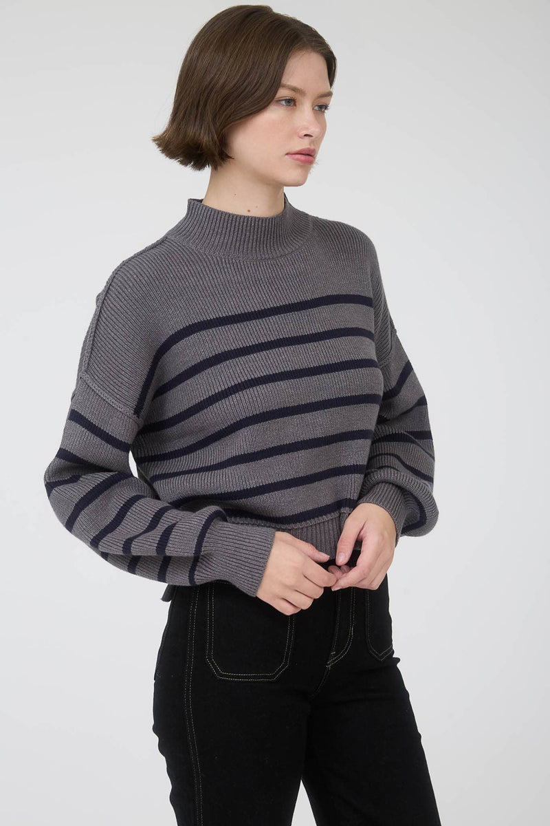 STRIPE MOCK NECK DROP SHOULDER KNIT SWEATER: NAVY