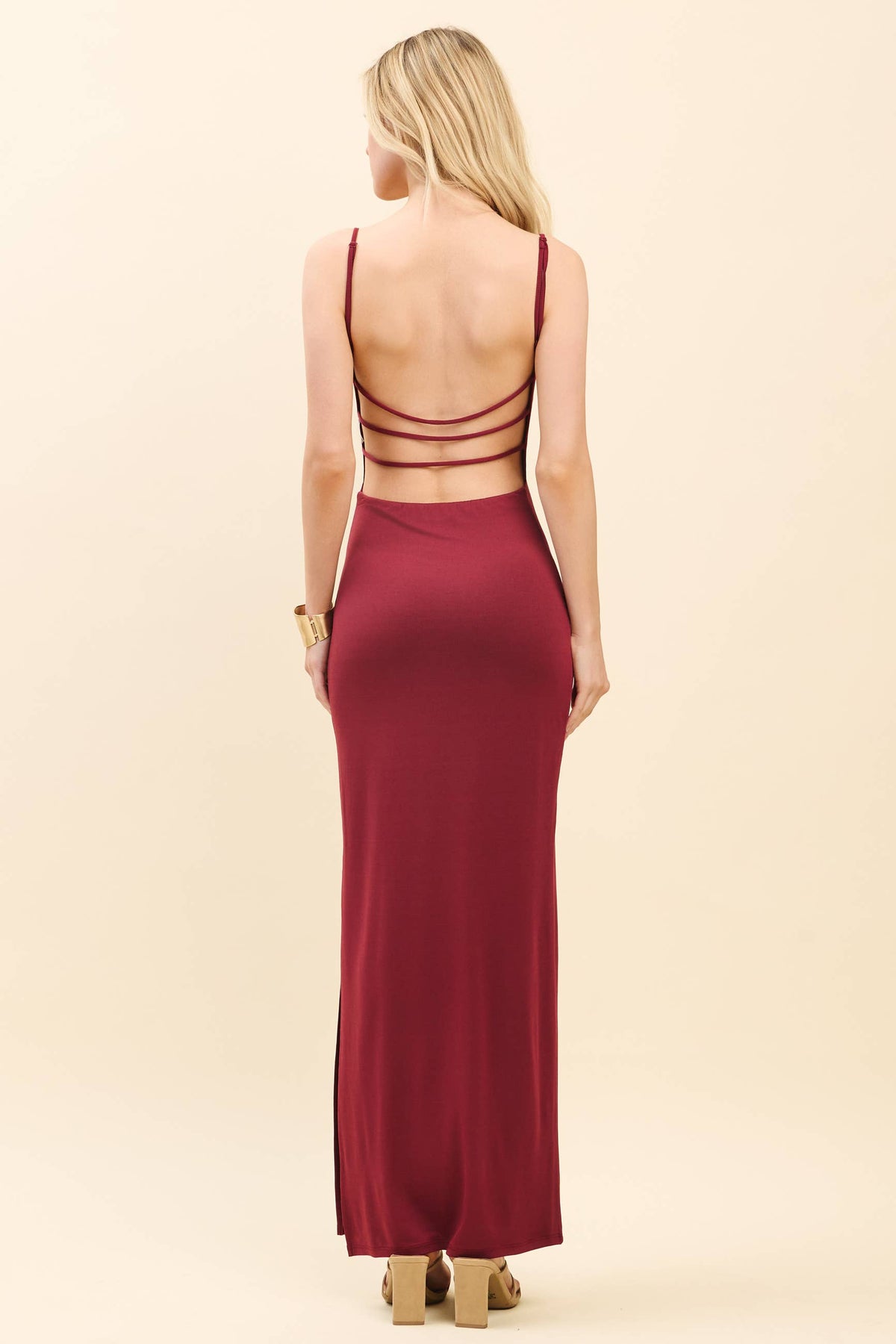 COWL NECK W LAYERED STRAP MAXI DRESS W SIDE SLIT: WINE WOOD