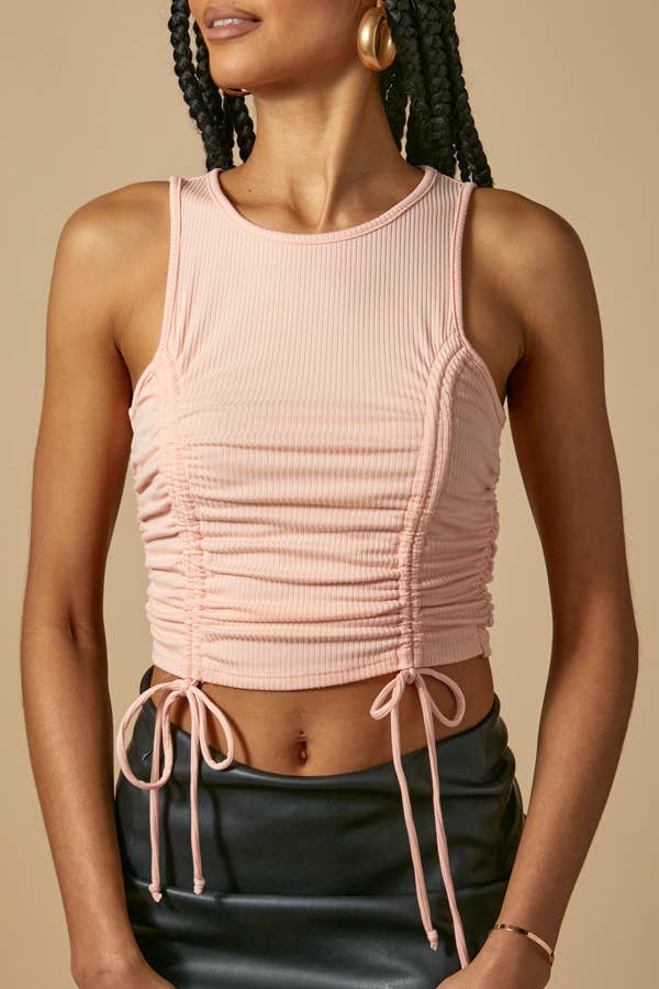 BRUCHED RIB RUCHED TANK TOP: TROPICAL PEACH