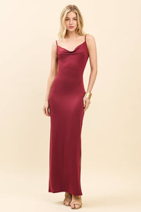 COWL NECK W LAYERED STRAP MAXI DRESS W SIDE SLIT: WINE WOOD