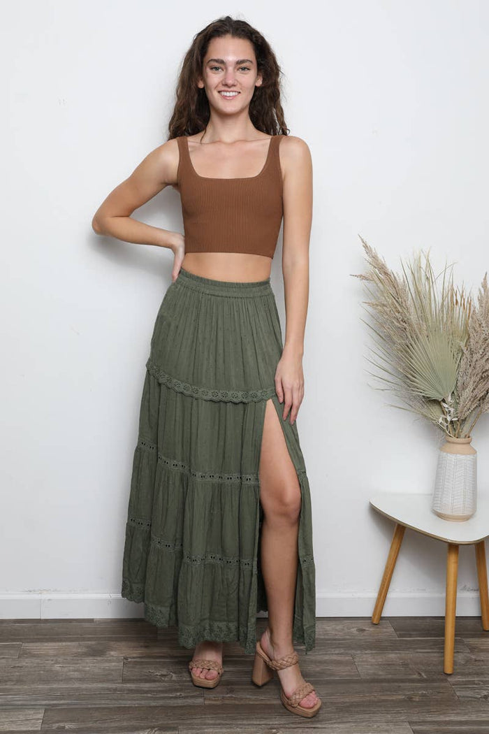 ASIS TIERED MAXI SKIRT WITH LACE TRIM AND SLIT