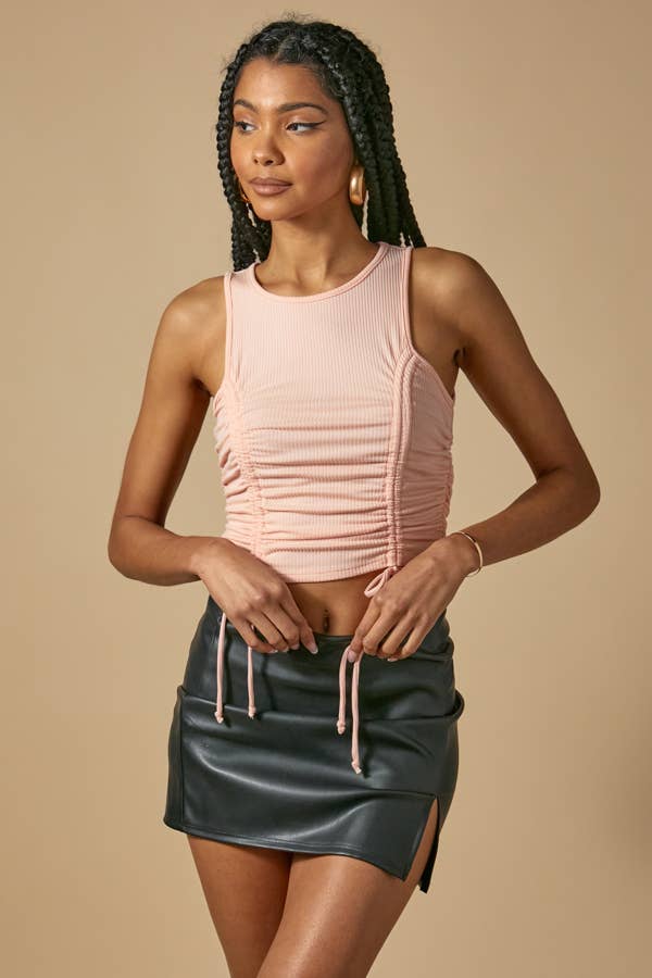 BRUCHED RIB RUCHED TANK TOP: TROPICAL PEACH