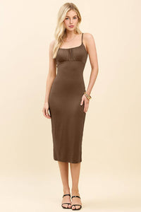RUCHED EMPIRE CHEST MIDI CAMI DRESS: COCOA
