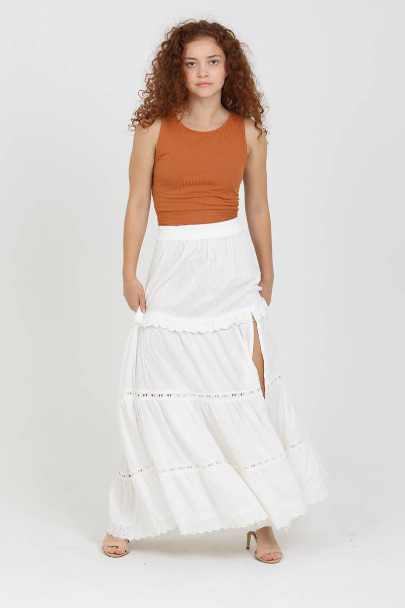 ASIS TIERED MAXI SKIRT WITH LACE TRIM AND SLIT