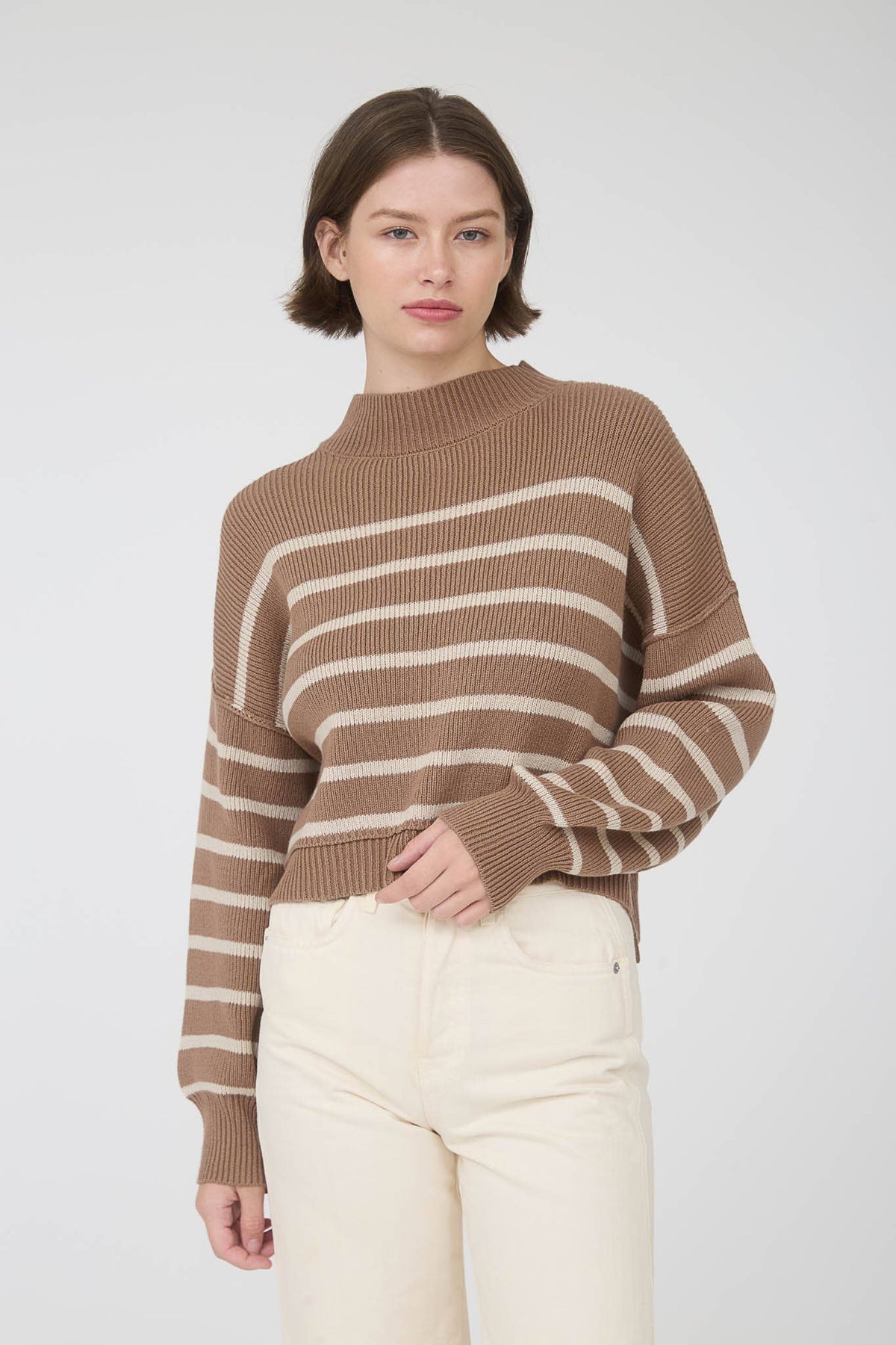 STRIPE MOCK NECK DROP SHOULDER KNIT SWEATER: NAVY