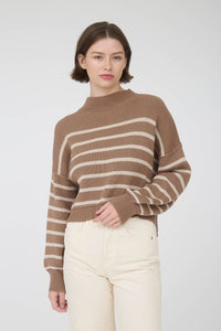 STRIPE MOCK NECK DROP SHOULDER KNIT SWEATER: NAVY