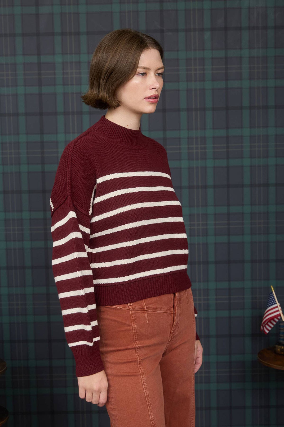 STRIPE MOCK NECK DROP SHOULDER KNIT SWEATER: NAVY