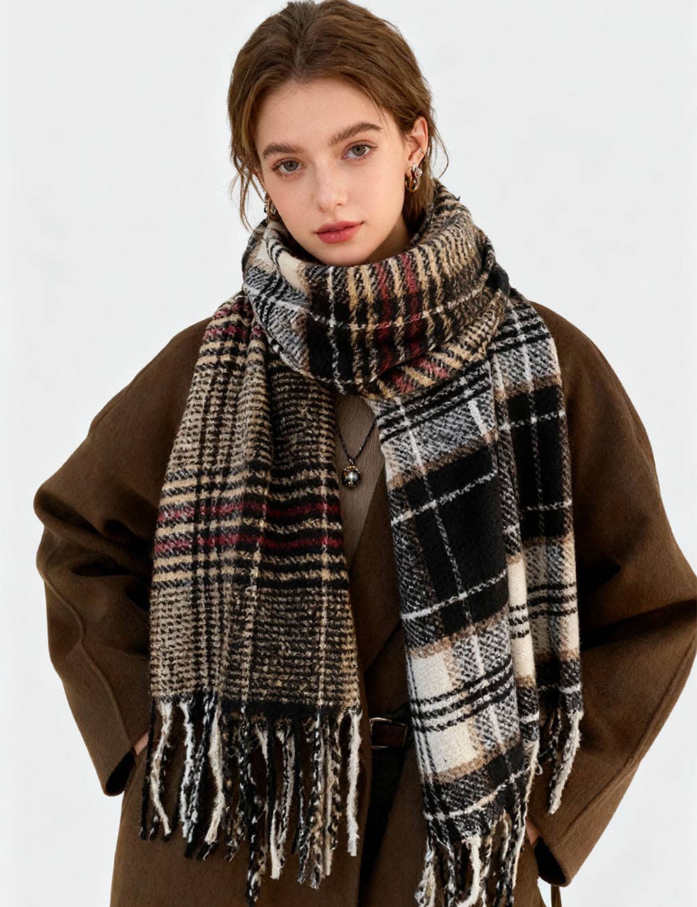 Ladies Retro Plaid Oblong Fringe Knit Scarf
