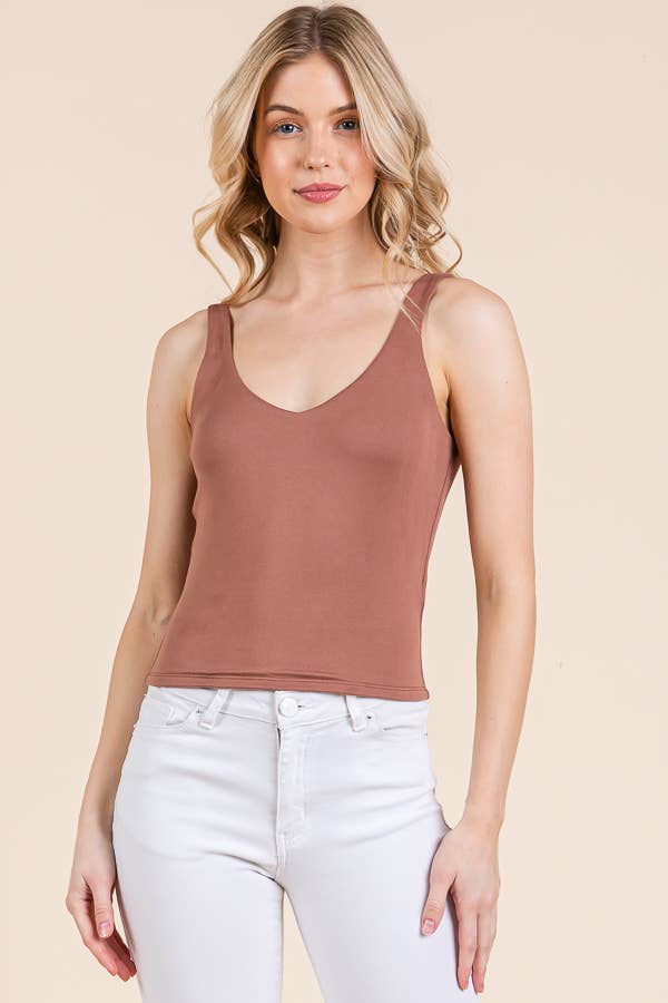 V-NECK BASIC DOUBLE LAYERS TANK TOP: CAFE CREME