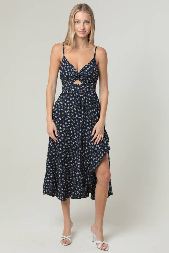 V NECK TWIST FRONT CUT OUT SIDE SLIT RUFFLE MIDI