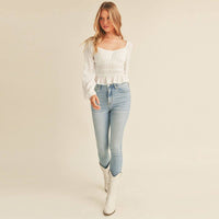 LONG SLEEVE SMOCKED PEASANT TOP: Off White