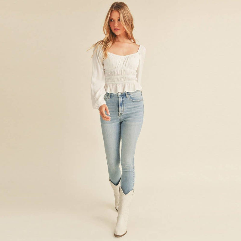 LONG SLEEVE SMOCKED PEASANT TOP: Off White