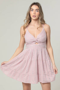 EYELET EMBROIDERED V NECK TWIST FRONT DRESS: TEAL