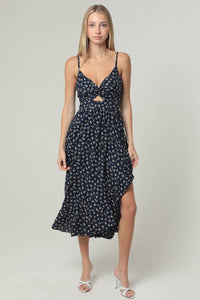 V NECK TWIST FRONT CUT OUT SIDE SLIT RUFFLE MIDI