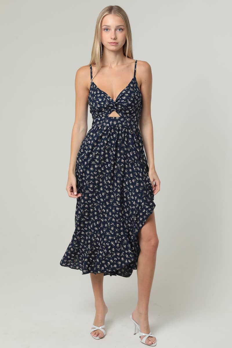 V NECK TWIST FRONT CUT OUT SIDE SLIT RUFFLE MIDI