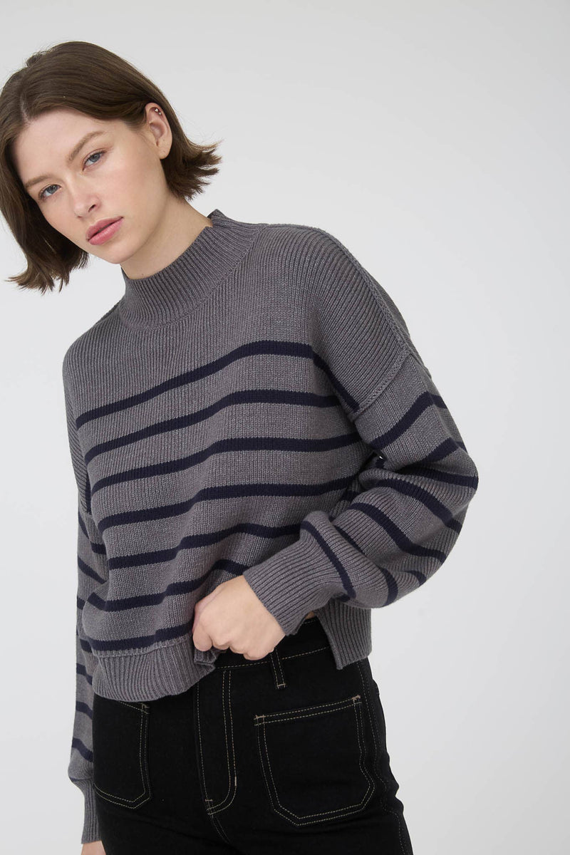 STRIPE MOCK NECK DROP SHOULDER KNIT SWEATER: NAVY